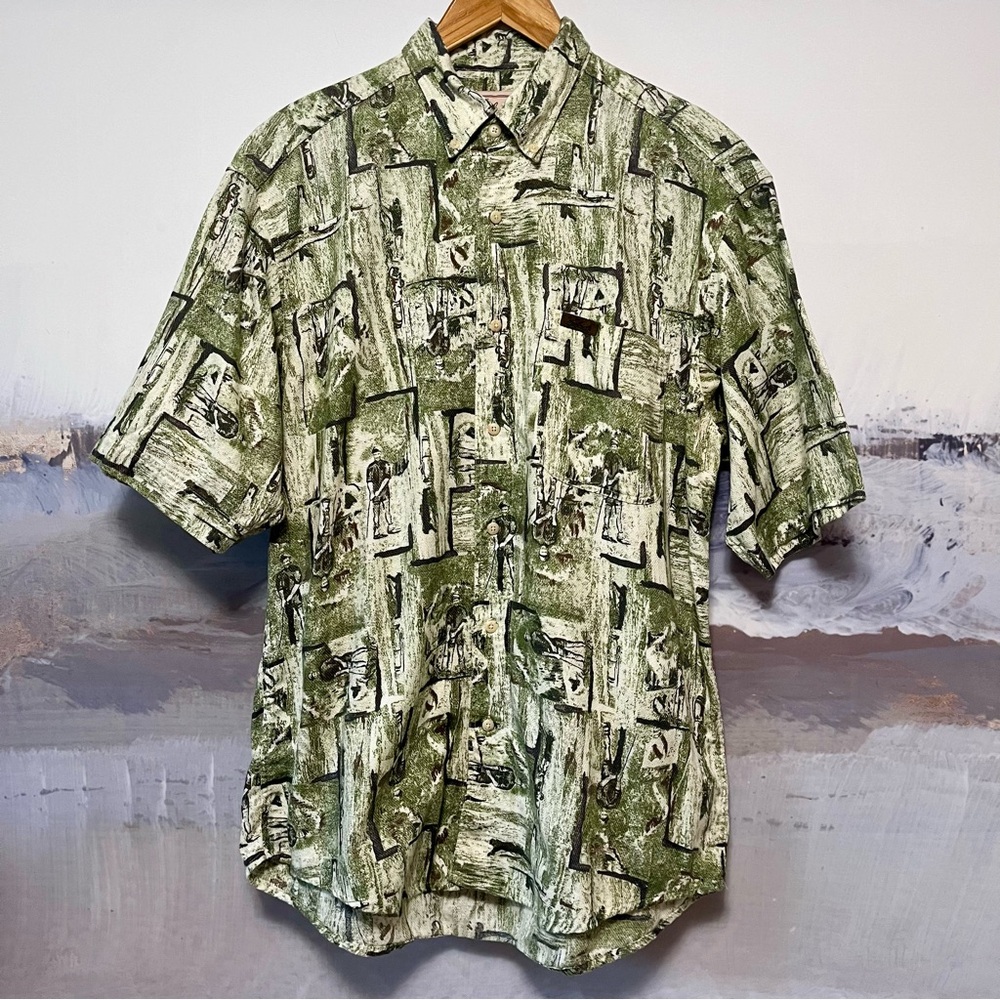 Vtg WOOLRICH Mens‎ M Golfer Print Shirt Button Down Woven Short Sleeve Green 90s